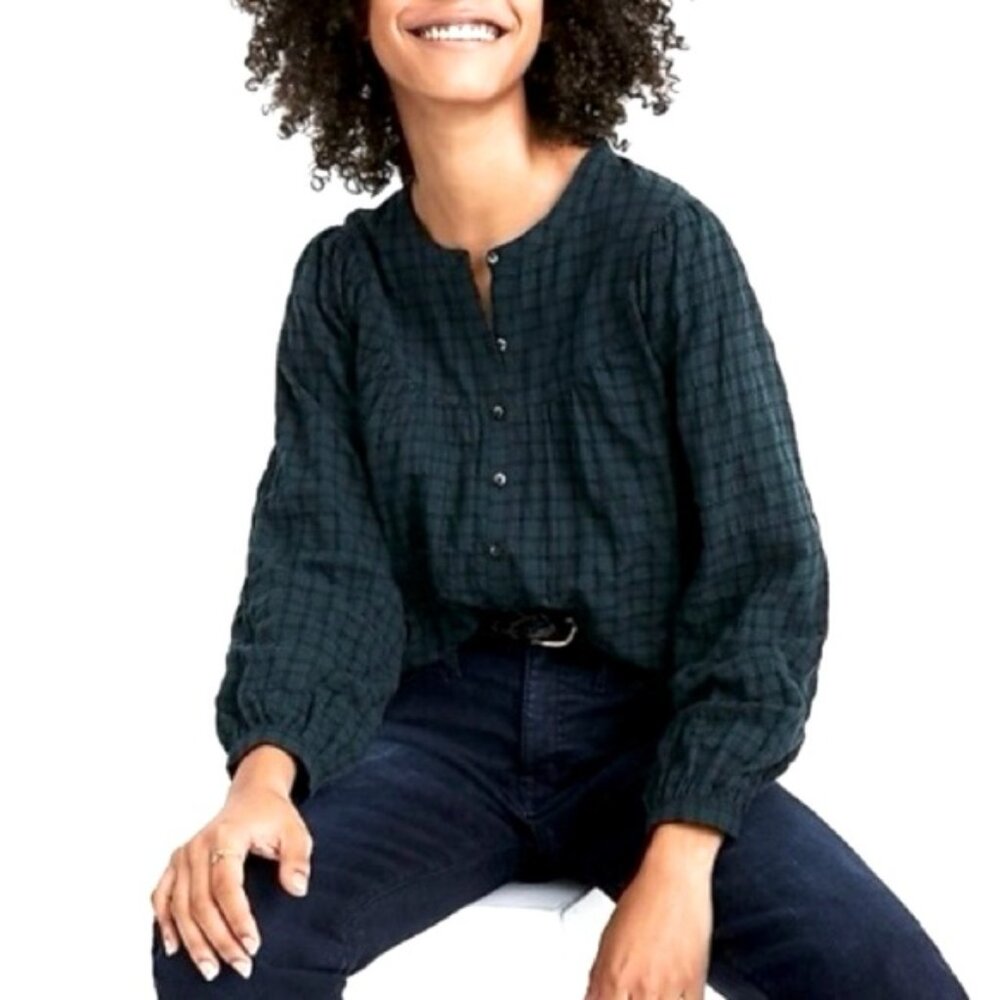 Madewell Plaid Balloon-Sleeve Peasant Top green  Sz S